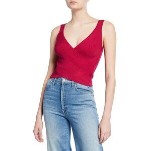 Jonathan Simkhai Jada V-Neck Eyelet‎ Ribbed Wrap Crop Tank in Dark Pink Medium